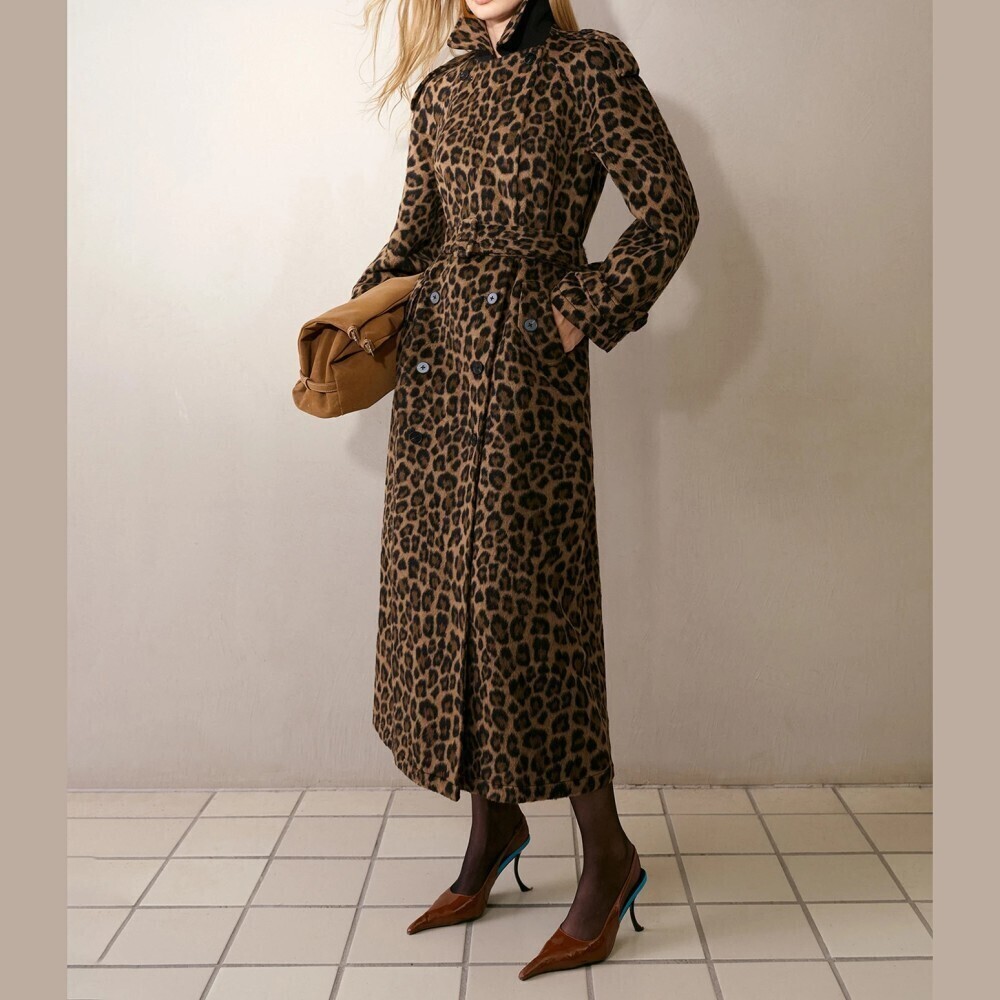 Brown Leopard Print Double Breasted Belted Long Trench Coat